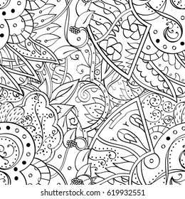 Tracery seamless calming pattern. Mehndi design. Ethnic monochrome binary doodle texture. Curved doodling black and white background. Vector.