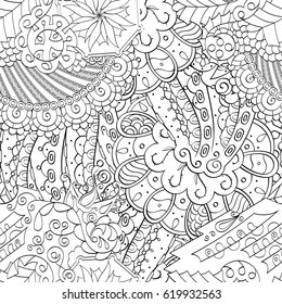 Tracery seamless calming pattern. Mehndi design. Ethnic monochrome binary doodle texture. Curved doodling black and white background. Vector.