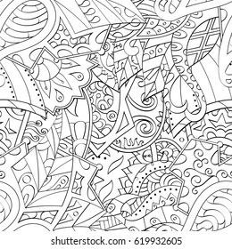 Tracery seamless calming pattern. Mehndi design. Ethnic monochrome binary doodle texture. Curved doodling black and white background. Vector.
