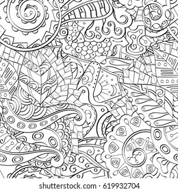 Tracery seamless calming pattern. Mehndi design. Ethnic monochrome binary doodle texture. Curved doodling black and white background. Vector.