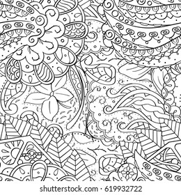 Tracery seamless calming pattern. Mehndi design. Ethnic monochrome binary doodle texture. Curved doodling black and white background. Vector.