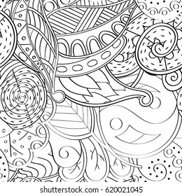 Tracery seamless calming pattern. Mehndi design. Ethnic monochrome binary doodle texture. Curved doodling black and white background. Vector.