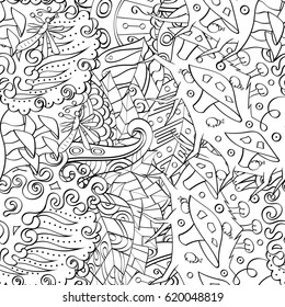 Tracery seamless calming pattern. Mehndi design. Ethnic monochrome binary doodle texture. Curved doodling black and white background. Vector.
