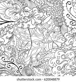 Tracery seamless calming pattern. Mehndi design. Ethnic monochrome binary doodle texture. Curved doodling black and white background. Vector.