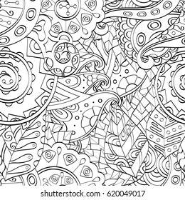 Tracery seamless calming pattern. Mehndi design. Ethnic monochrome binary doodle texture. Curved doodling black and white background. Vector.