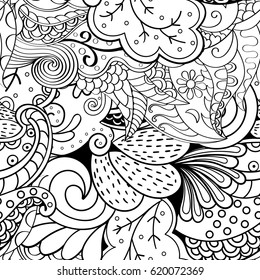 Tracery seamless calming pattern. Mehndi design. Ethnic monochrome binary doodle texture. Curved doodling black and white background. Vector.