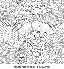 Tracery seamless calming pattern. Mehndi design. Ethnic monochrome binary doodle texture. Curved doodling black and white background. Vector.