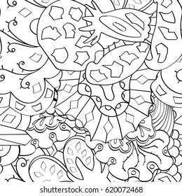Tracery seamless calming pattern. Mehndi design. Ethnic monochrome binary doodle texture. Curved doodling black and white background. Vector.
