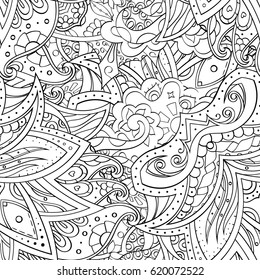 Tracery seamless calming pattern. Mehndi design. Ethnic monochrome binary doodle texture. Curved doodling black and white background. Vector.