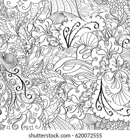 Tracery seamless calming pattern. Mehndi design. Ethnic monochrome binary doodle texture. Curved doodling black and white background. Vector.