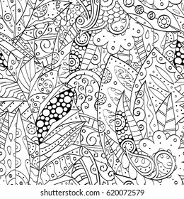 Tracery seamless calming pattern. Mehndi design. Ethnic monochrome binary doodle texture. Curved doodling black and white background. Vector.