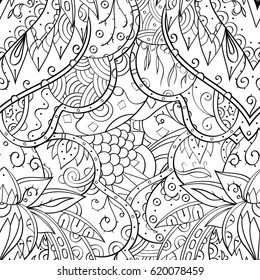 Tracery seamless calming pattern. Mehndi design. Ethnic monochrome binary doodle texture. Curved doodling black and white background. Vector.