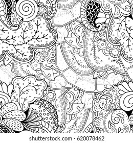Tracery seamless calming pattern. Mehndi design. Ethnic monochrome binary doodle texture. Curved doodling black and white background. Vector.