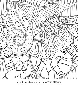 Tracery seamless calming pattern. Mehndi design. Ethnic monochrome binary doodle texture. Curved doodling black and white background. Vector.