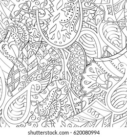 Tracery seamless calming pattern. Mehndi design. Ethnic monochrome binary doodle texture. Curved doodling black and white background. Vector.
