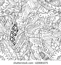 Tracery seamless calming pattern. Mehndi design. Ethnic monochrome binary doodle texture. Curved doodling black and white background. Vector.