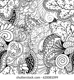 Tracery seamless calming pattern. Mehndi design. Ethnic monochrome binary doodle texture. Curved doodling black and white background. Vector.