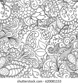 Tracery seamless calming pattern. Mehndi design. Ethnic monochrome binary doodle texture. Curved doodling black and white background. Vector.