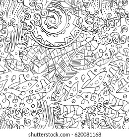 Tracery seamless calming pattern. Mehndi design. Ethnic monochrome binary doodle texture. Curved doodling black and white background. Vector.