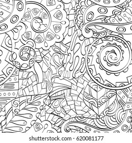 Tracery seamless calming pattern. Mehndi design. Ethnic monochrome binary doodle texture. Curved doodling black and white background. Vector.