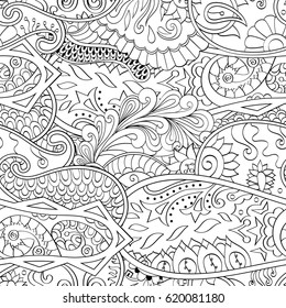 Tracery seamless calming pattern. Mehndi design. Ethnic monochrome binary doodle texture. Curved doodling black and white background. Vector.