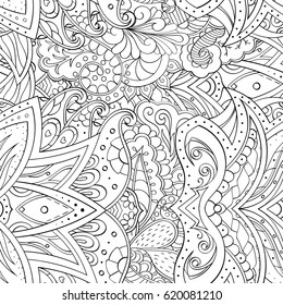 Tracery seamless calming pattern. Mehndi design. Ethnic monochrome binary doodle texture. Curved doodling black and white background. Vector.