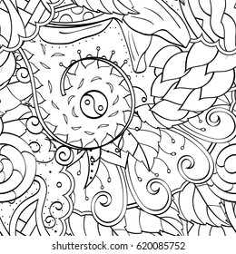 Tracery seamless calming pattern. Mehndi design. Ethnic monochrome binary doodle texture. Curved doodling black and white background. Vector.