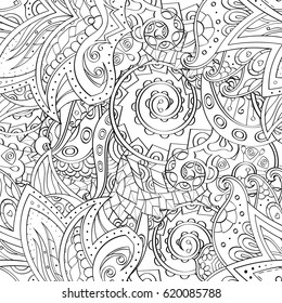 Tracery seamless calming pattern. Mehndi design. Ethnic monochrome binary doodle texture. Curved doodling black and white background. Vector.