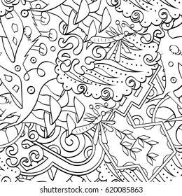 Tracery seamless calming pattern. Mehndi design. Ethnic monochrome binary doodle texture. Curved doodling black and white background. Vector.