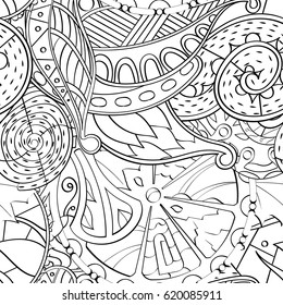 Tracery seamless calming pattern. Mehndi design. Ethnic monochrome binary doodle texture. Curved doodling black and white background. Vector.