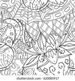 Tracery seamless calming pattern. Mehndi design. Ethnic monochrome binary doodle texture. Curved doodling black and white background. Vector.