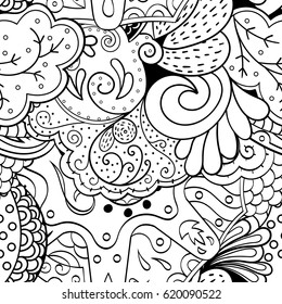 Tracery seamless calming pattern. Mehndi design. Ethnic monochrome binary doodle texture. Curved doodling black and white background. Vector.