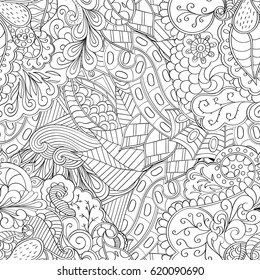 Tracery seamless calming pattern. Mehndi design. Ethnic monochrome binary doodle texture. Curved doodling black and white background. Vector.