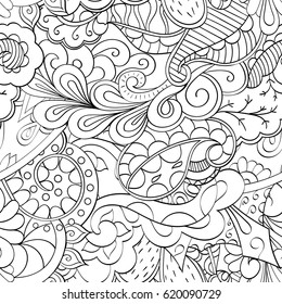 Tracery seamless calming pattern. Mehndi design. Ethnic monochrome binary doodle texture. Curved doodling black and white background. Vector.