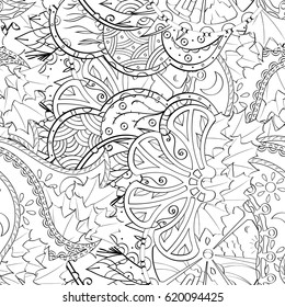 Tracery seamless calming pattern. Mehndi design. Ethnic monochrome binary doodle texture. Curved doodling black and white background. Vector.