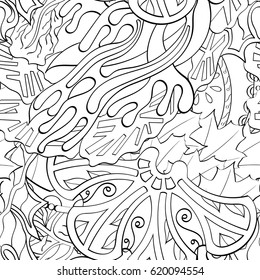 Tracery seamless calming pattern. Mehndi design. Ethnic monochrome binary doodle texture. Curved doodling black and white background. Vector.