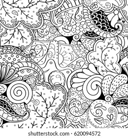 Tracery seamless calming pattern. Mehndi design. Ethnic monochrome binary doodle texture. Curved doodling black and white background. Vector.
