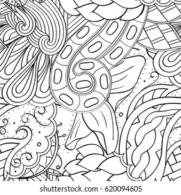 Tracery seamless calming pattern. Mehndi design. Ethnic monochrome binary doodle texture. Curved doodling black and white background. Vector.