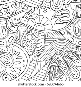 Tracery seamless calming pattern. Mehndi design. Ethnic monochrome binary doodle texture. Curved doodling black and white background. Vector.