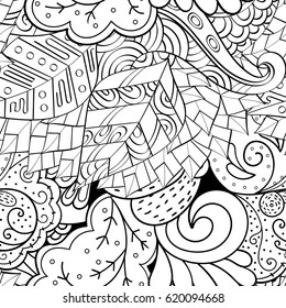 Tracery seamless calming pattern. Mehndi design. Ethnic monochrome binary doodle texture. Curved doodling black and white background. Vector.