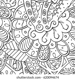 Tracery seamless calming pattern. Mehndi design. Ethnic monochrome binary doodle texture. Curved doodling black and white background. Vector.