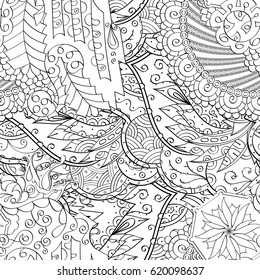Tracery seamless calming pattern. Mehndi design. Ethnic monochrome binary doodle texture. Curved doodling black and white background. Vector.