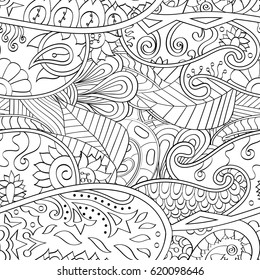 Tracery seamless calming pattern. Mehndi design. Ethnic monochrome binary doodle texture. Curved doodling black and white background. Vector.