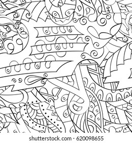 Tracery seamless calming pattern. Mehndi design. Ethnic monochrome binary doodle texture. Curved doodling black and white background. Vector.