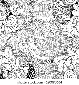 Tracery seamless calming pattern. Mehndi design. Ethnic monochrome binary doodle texture. Curved doodling black and white background. Vector.