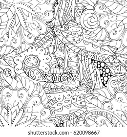 Tracery seamless calming pattern. Mehndi design. Ethnic monochrome binary doodle texture. Curved doodling black and white background. Vector.