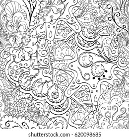 Tracery seamless calming pattern. Mehndi design. Ethnic monochrome binary doodle texture. Curved doodling black and white background. Vector.