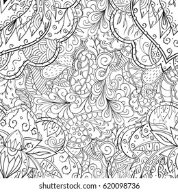 Tracery seamless calming pattern. Mehndi design. Ethnic monochrome binary doodle texture. Curved doodling black and white background. Vector.