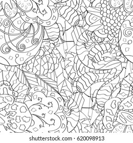 Tracery seamless calming pattern. Mehndi design. Ethnic monochrome binary doodle texture. Curved doodling black and white background. Vector.