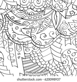 Tracery seamless calming pattern. Mehndi design. Ethnic monochrome binary doodle texture. Curved doodling black and white background. Vector.
